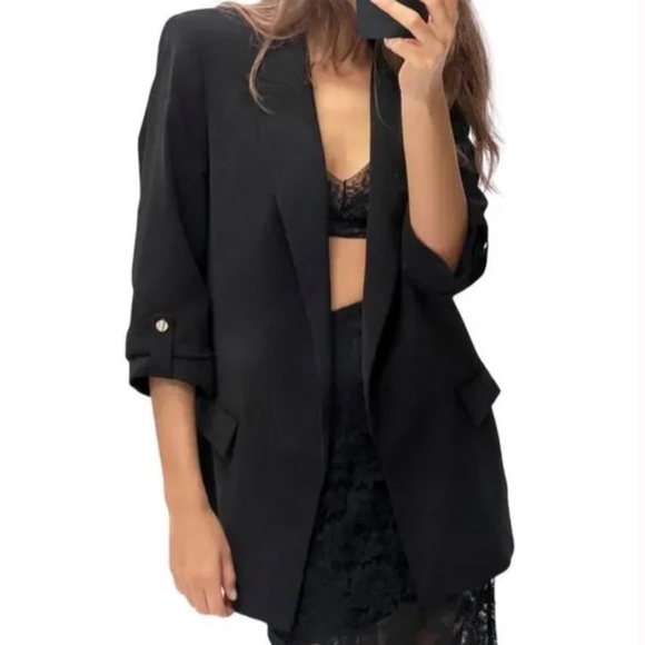 Zara Open Front 3/4 Rolled-Up Sleeves Blazer Black Size Small - Picture 1 of 6